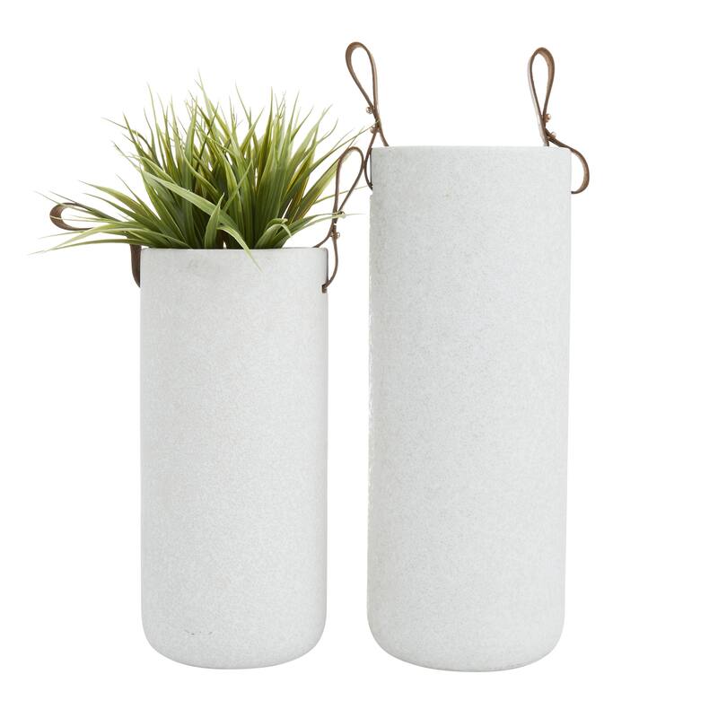 Ceramic Decorative Vase with Leather Handles - Set of 2 White - CosmoLiving by Cosmopolitan