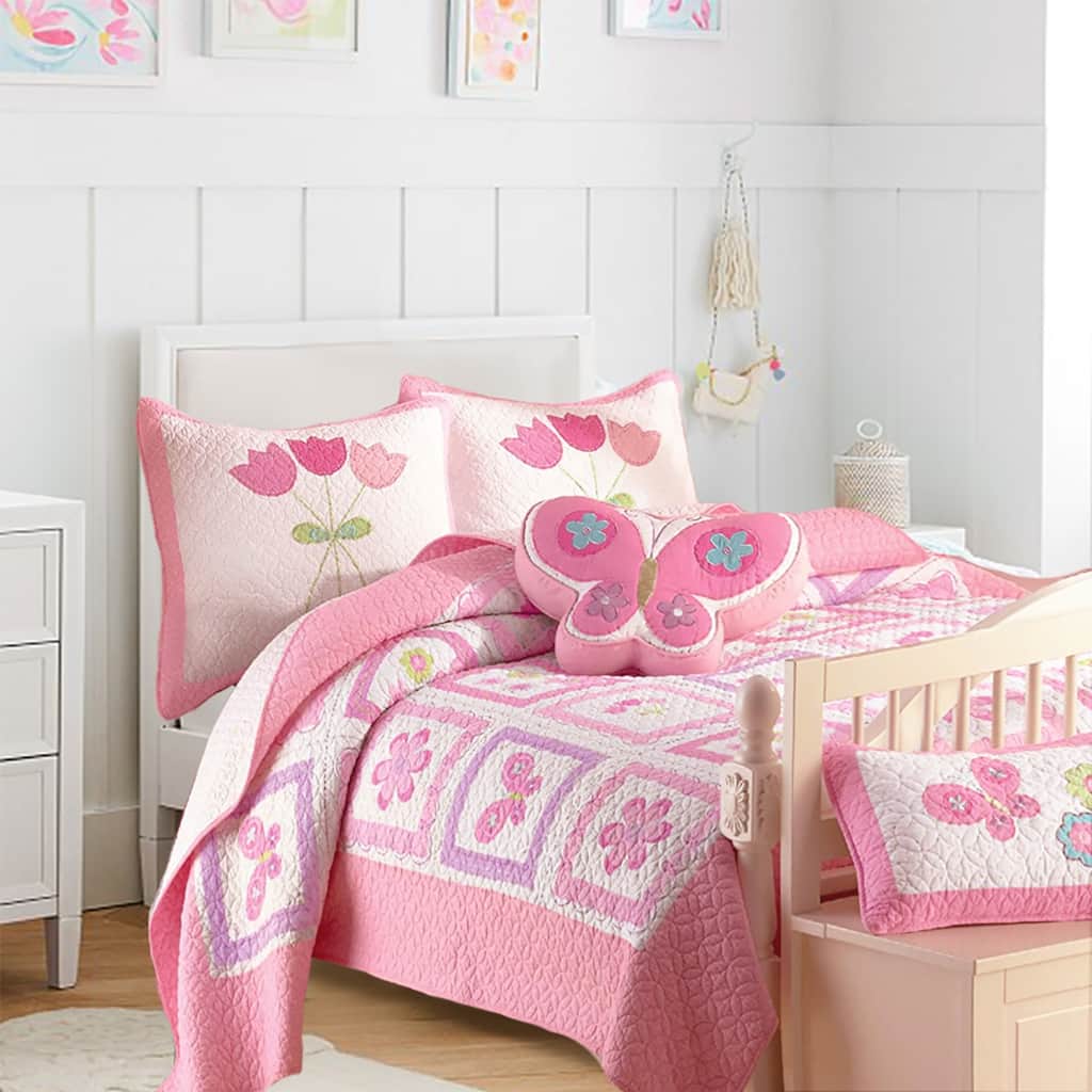 Butterfly Flower Twin 4-Piece Quilt Set with Decorative Pillows
