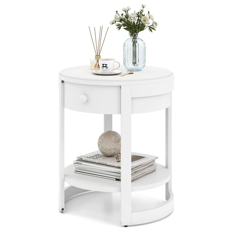Gymax 2-Tier Nightstand w/ Shelf & Wood Grains Drawer Round End Table - White - 1-drawer