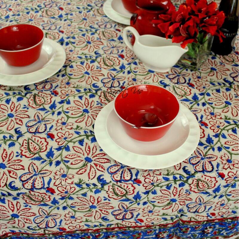 Ashlyn Handmade Cotton Floral Square Tablecloth Blue Red Green - 70 x 70 in