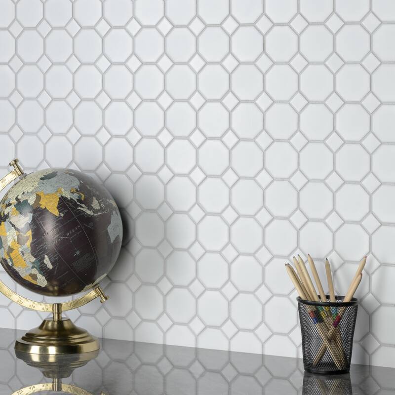 Merola Tile Metro Octagon Matte White w/White Dot 11.5" x 11.5" Porcelain Mosaic
