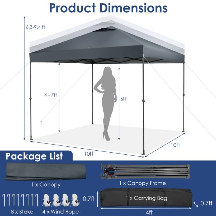 10 x 10 Feet Foldable Outdoor Instant Pop-up Canopy with Carry Bag - 10 x 10 x 6.3-9.4 ft