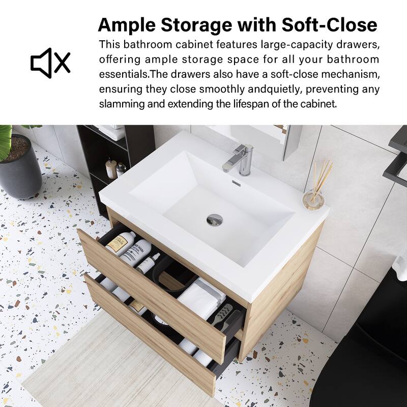Angela Wall Mounted Bathroom Vanity in F. Oak with White Cultured Marble Top