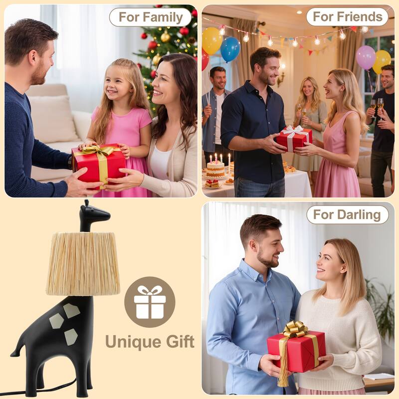 Giraffe Table Lamp with Handwoven Raffia Lampshade, LED Bedside Lamp with In-Line Switch, Resin Base