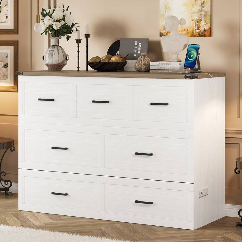 Murphy Bed Cabinet with Charging Station for Guest Room and Small Bedroom - White - Queen