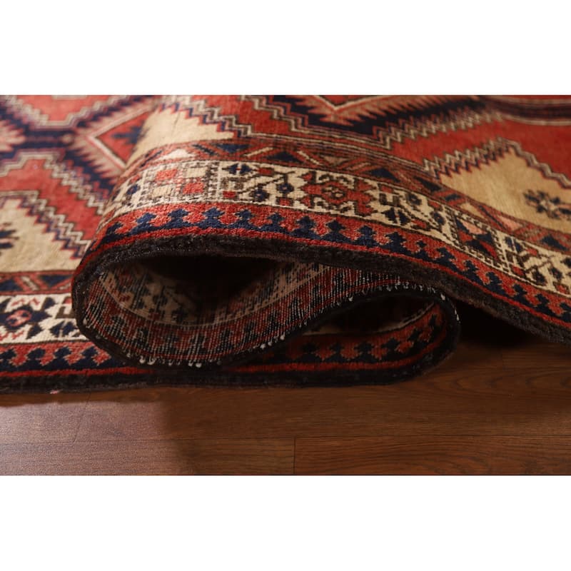 Geometric Red Ardebil Persian Vintage Runner Rug Handmade Wool Carpet - 3'6"x 10'7"