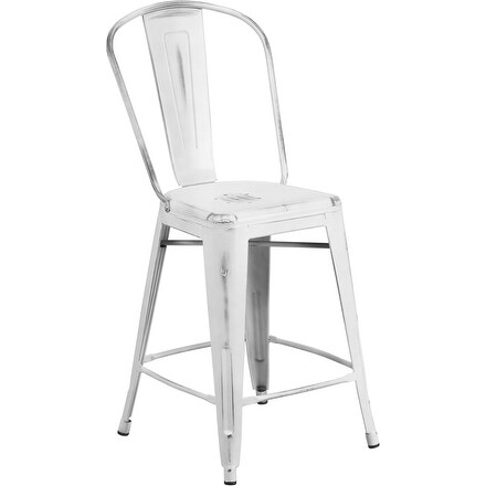Brimmes 24'' High Distressed White Metal Indoor/Outdoor/Patio/Bar Counter Height Stool w/Back