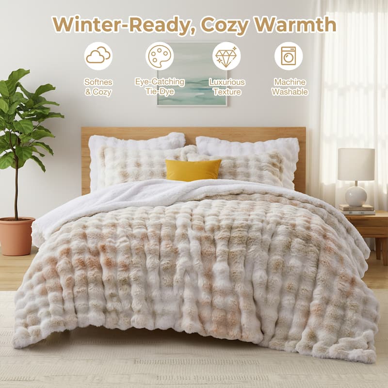 3 Pieces Fluffy Faux Rabbit Fur Comforter Set, Plush Fuzzy Bedding Set for Winter - Queen - Brown
