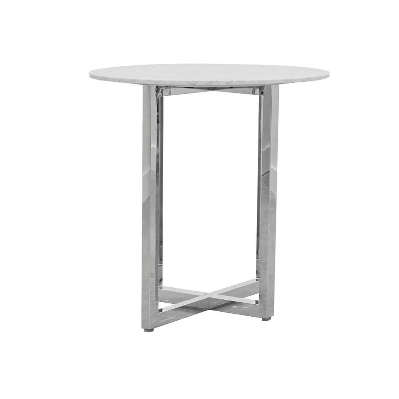 Eun 32 Inch Round Bar Table with Marble Top, Cross Base, Chrome