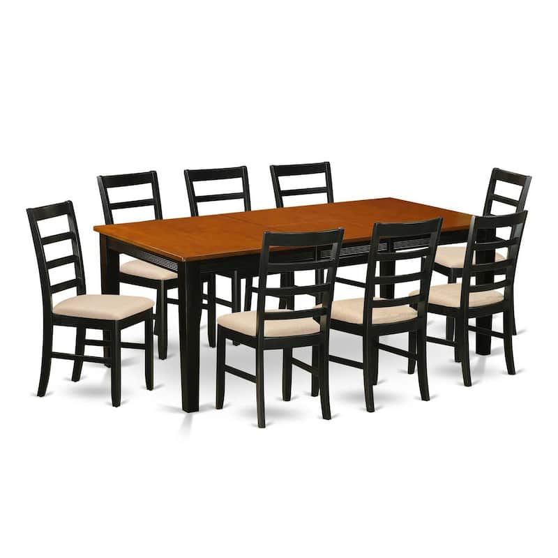 Dining Room Set 9 Piece Table & Chairs - Rustic Rectangle Table with Butterfly Leaf - Linen Fabric Chairs