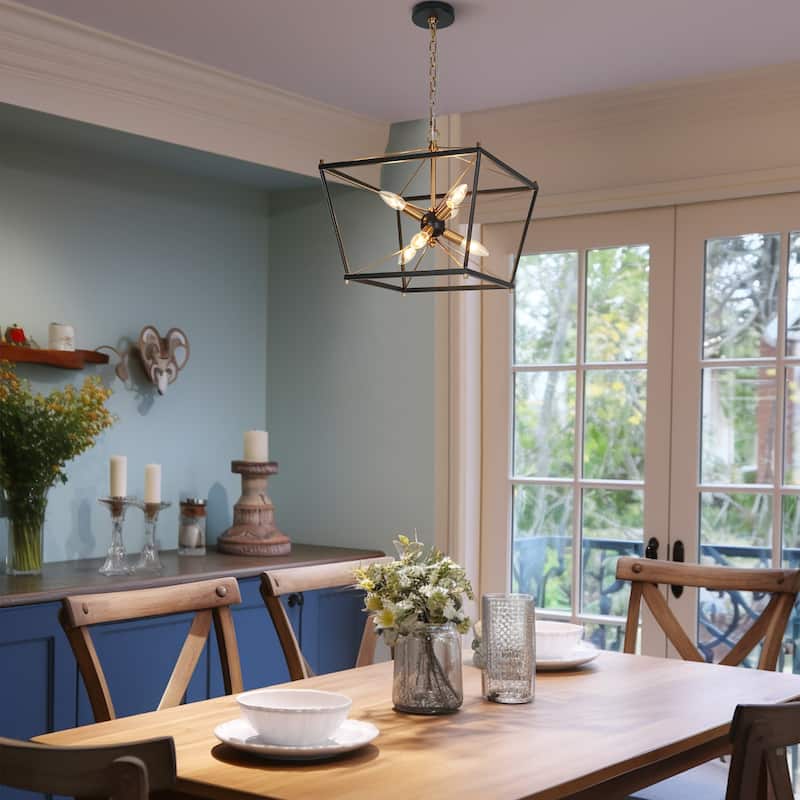 Modern Farmhouse 6-Light Black Gold Cage Chandeliers Sputnik Pendant Light for Dining Room - L15.5" x W15.5" x H15.5"