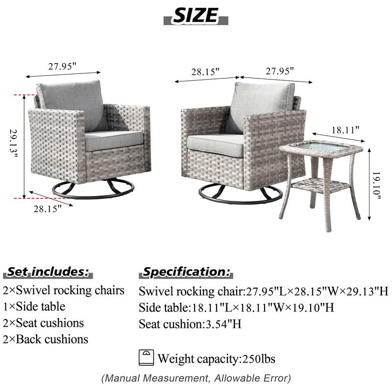 HOOOWOOO 3-piece Patio Rattan Outdoor Furniture Swivel Chair Set
