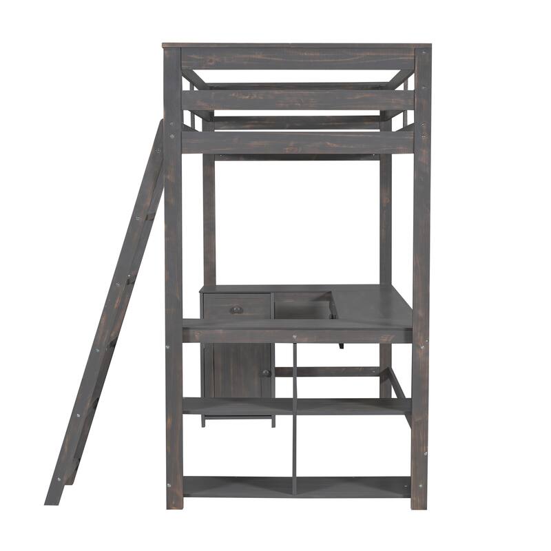 Twin Size Loft Bed with U-shaped Desk, Drawers and Storage Shelves