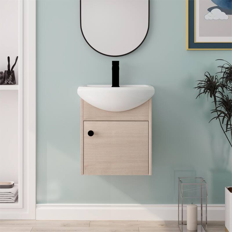Bathroom Vanity With Sink In 18 Inch, Floating/Freestanding Bathroom Vanity With Soft Close Door - 18.1"W x 14.4"D x 20.9"H - Plain Light Oak