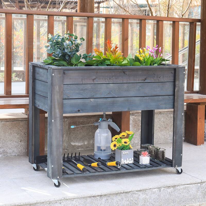 40 in x 32 in x 20 in Grey WoodenElevated Planter with Shelf and Wheel - 40x32x20