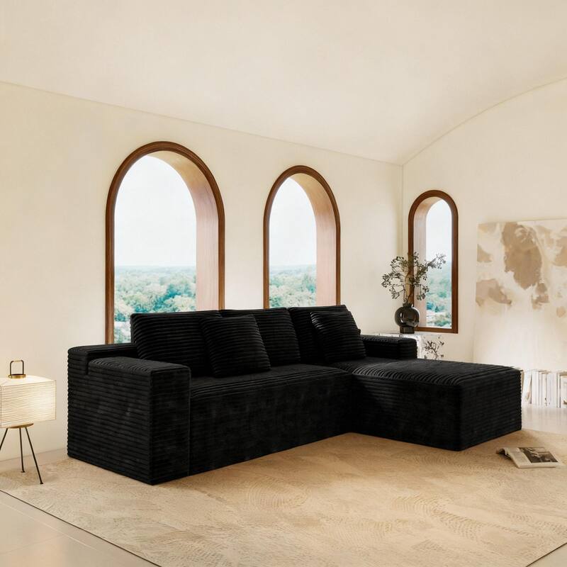 Modern L-Shaped Corner Couch, Corduroy Modular Sectional Sofa Set, Upholstered Boneless Sleeper Sofa with Chaise