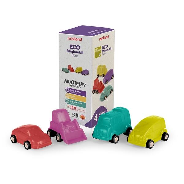 slide 2 of 6, Miniland ECO Minimobil, 3.5", Set of 4 Red, Purple, Turquoise, Yellow - Kids