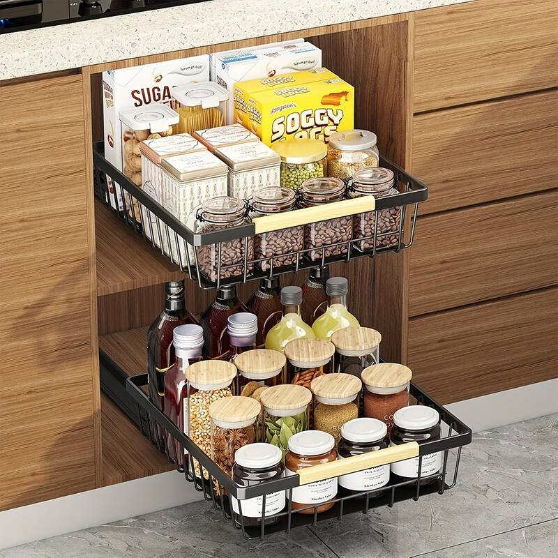 Metal Pull-Out Cabinet Organizer, No-Tool Sliding Shelves for Kitchen