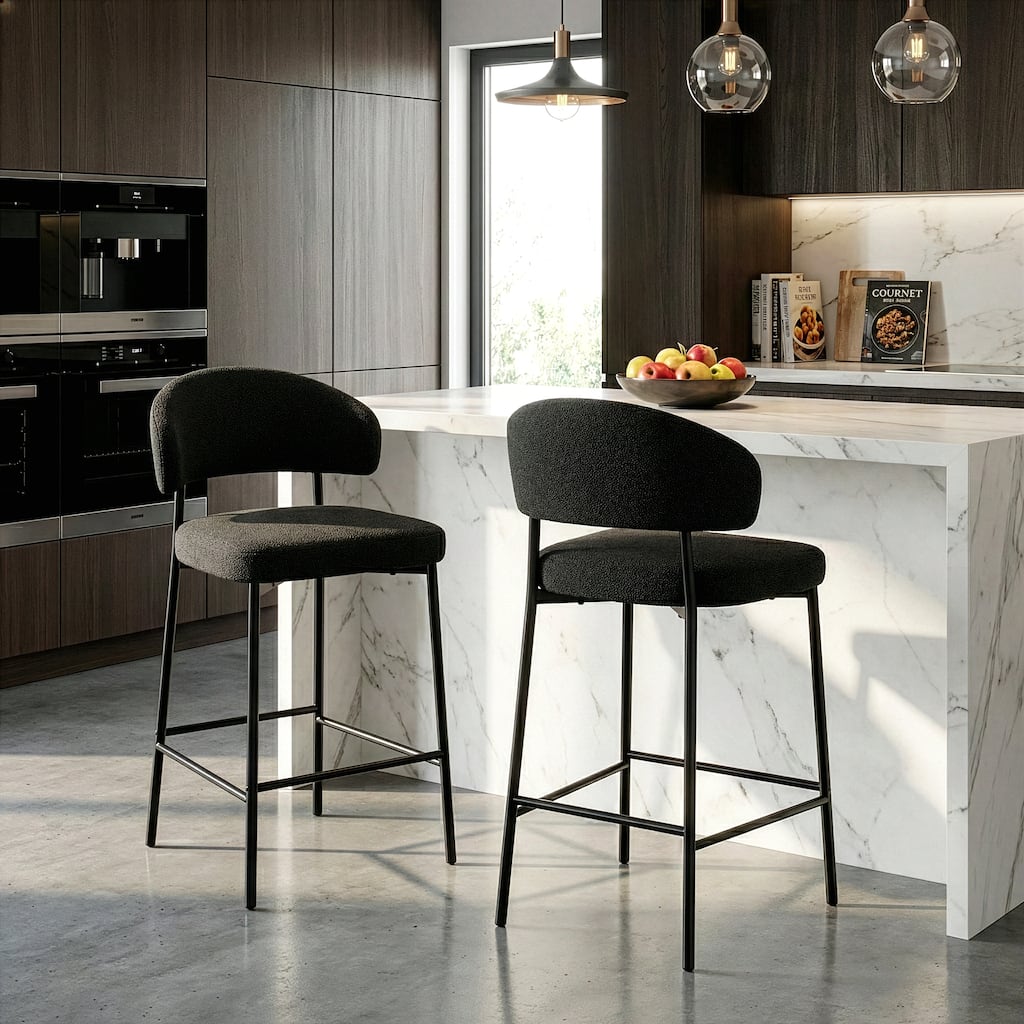 Set of 2 Bennett Black Boucle Upholstered Fabric Counter Stool with Black Iron Legs