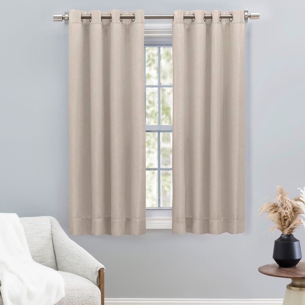 Premium Grasscloth Soft Sheen Grommet Short Curtain Panel w/ Pull Wand