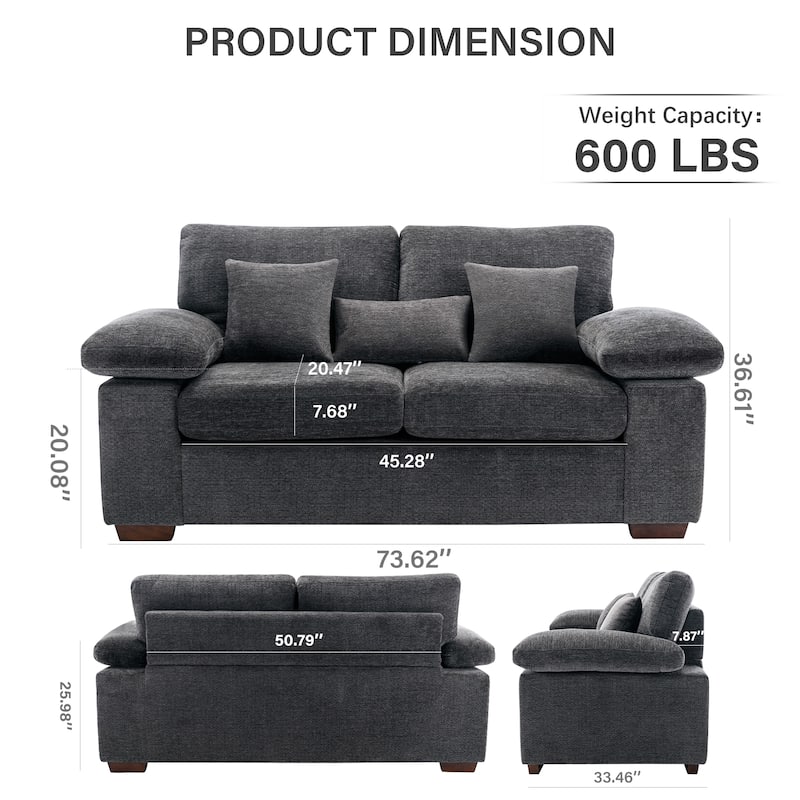 Plush Chenille Loveseat 73" - Includes Bonus 3 Pillows & Removable Back Cushion - Living Room 2-Seater Sofa