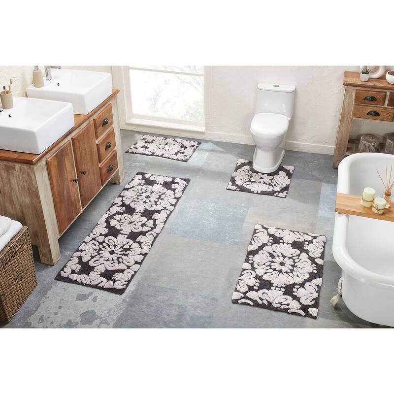 Better Trends Medallion Collection 100% Cotton 4-Pc Set Bathroom Rugs-Soft & Super Absorbent, Non-Skid Latex, Machine Washable - 4 Piece Set 17"x24" | 20"x20" | 21"x34" | 20"x60" - Charcoal & Natural