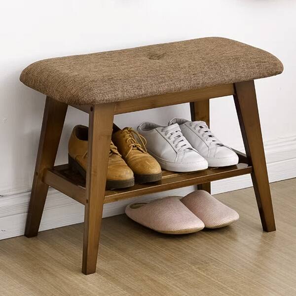 Mid-Century Modern Entryway Shoe Bench - 2-Tier Solid Wood, 31.5 Inch, Faux Leather Cushion, 500lb Capacity