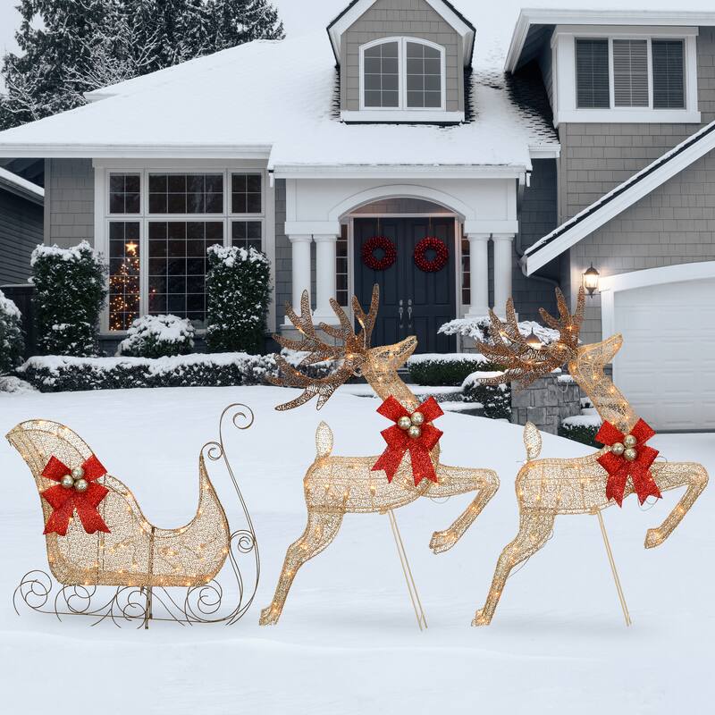 National Tree Company Champagne Reindeer and Sleigh with Clear Lights - 42 in