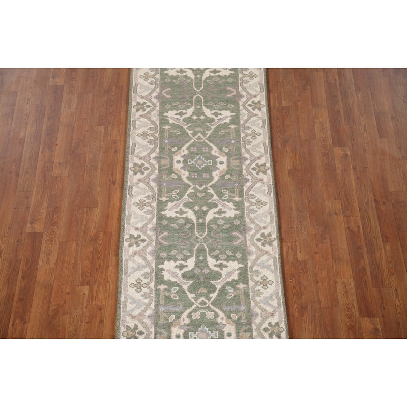 Green Oushak Style Runner Rug Hand-knotted Wool Carpet - 2'7"x 10'0"