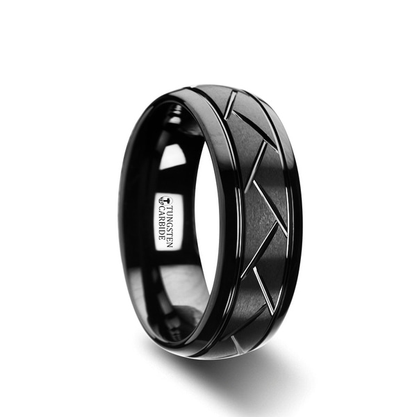 THORSTEN - ENIGMA Domed Black Tungsten Ring with Brushed Cross Alternating Diagonal Cuts Pattern