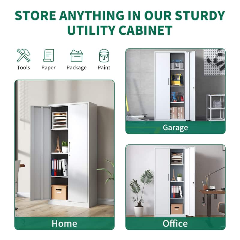 71"H Metal Garage Storage Cabinet,White Tool Steel Locking Cabinet with Doors and 3 Adjustable Shelves