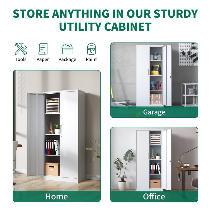Anmytek 71"H White Locking Metal Garage Storage Cabinet with 3 Adjustable Shelves for Office Classroom Pantry