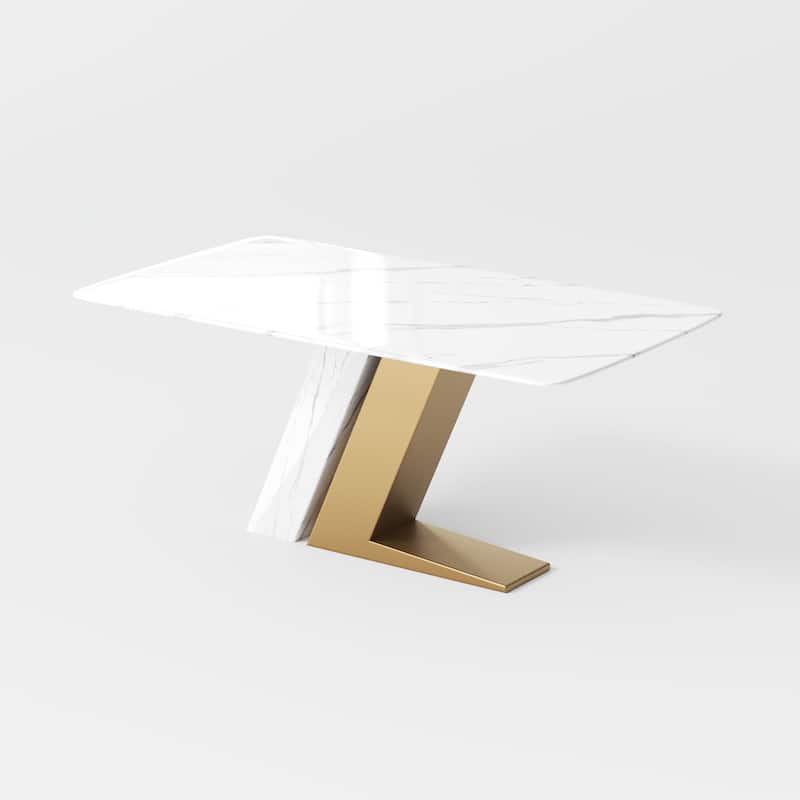 Modern Luxury White Rectangular Dining Table with Glossy Sintered Stone Tabletop, White Z-shaped Stainless Steel Base