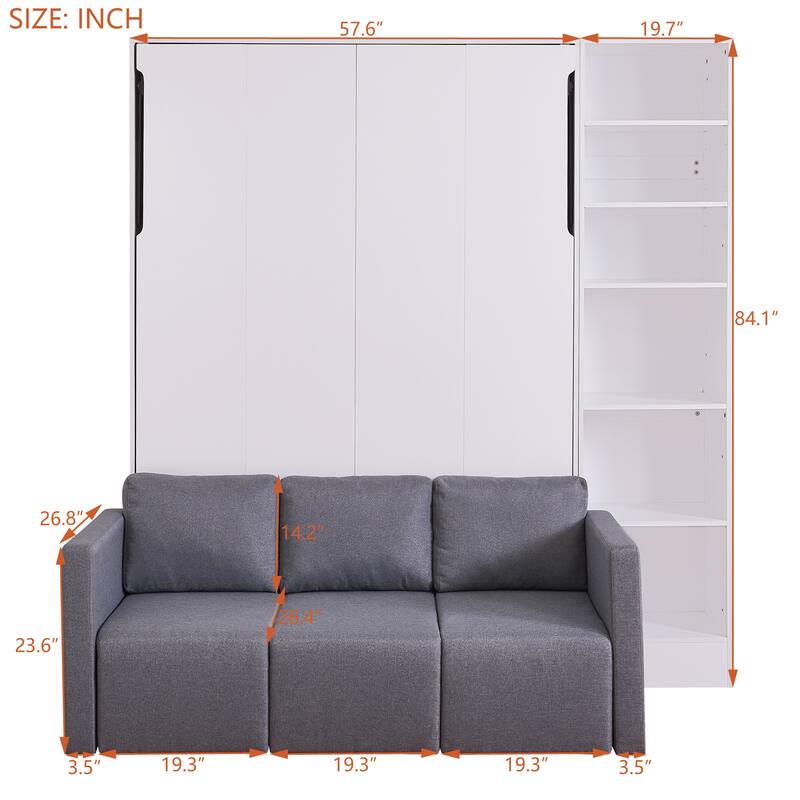 Full Size Modern Design Versatile Murphy Bed with Integrated Floor-Level Storage Cubbies,Sofa and Shelves for Bedroom