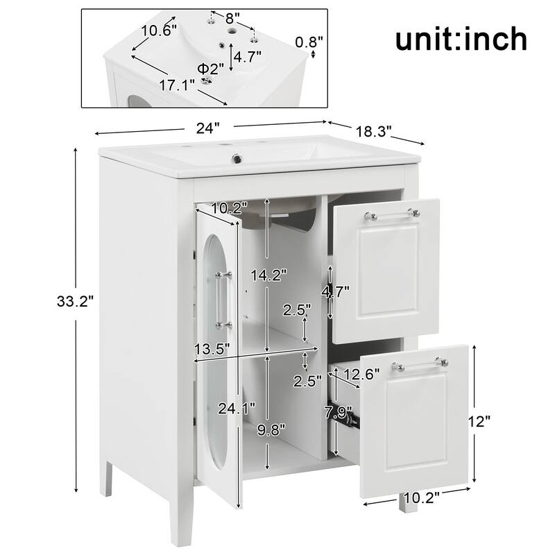 24 in. W x 33 in. H Solid Wood and MDF Bathroom Vanity with Ceramic Sink, Door and Drawers