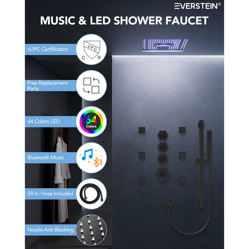 Shower Faucet System 16" Ceiling Mount Shower Head 3 Spray Modes Body Jets Handheld Spray with Slide Bar LED Music