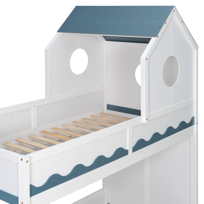 Twin Over Twin Bunk Bed with House Design, Drawer, Staircase & LED Lights