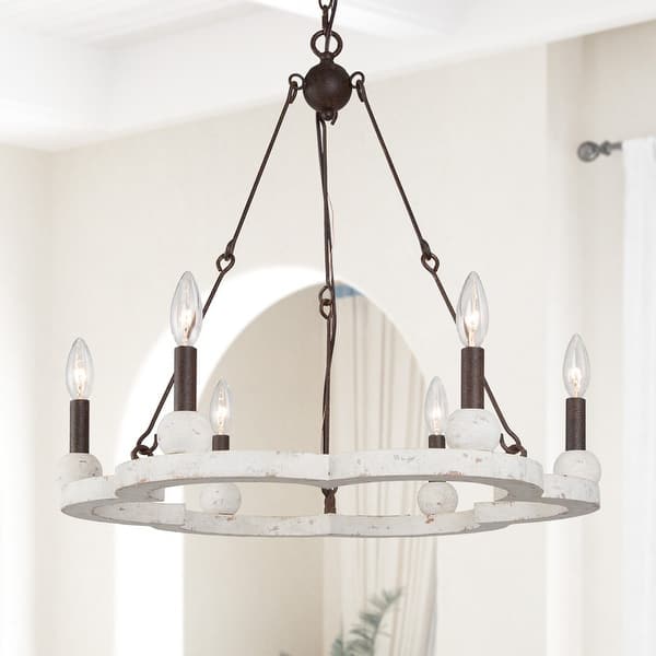 slide 2 of 9, Farmhouse Wood Candle Chandelier 6-Light French Country Wagon Wheel Coastal Dining Room Pendant Light D23.5'' x H83.5'' - Off-white