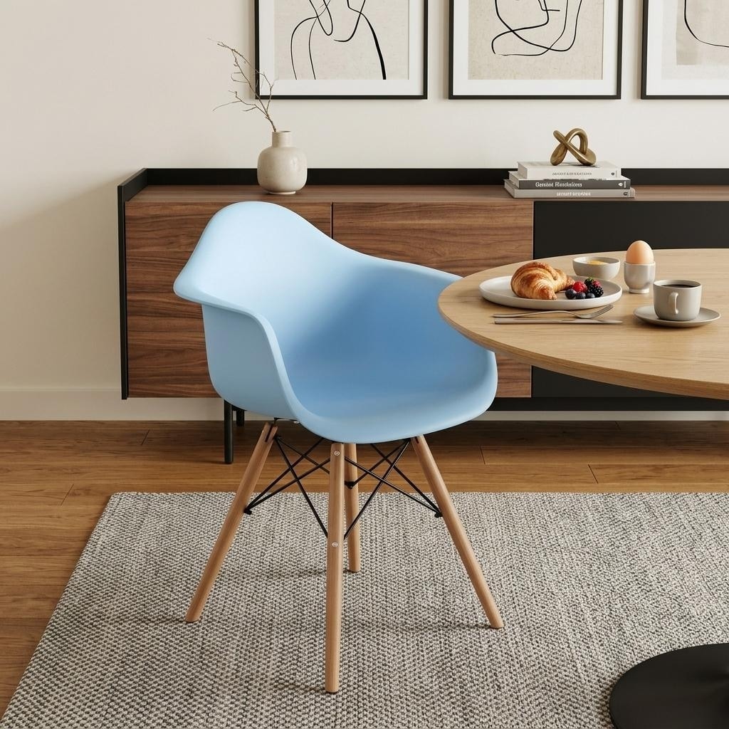 HomeRoots Blue And Natural Heavy Duty Plastic And Solid Wood Dining Arm Chair - 23.00 in. x 32.00 in. x 19.00 in.