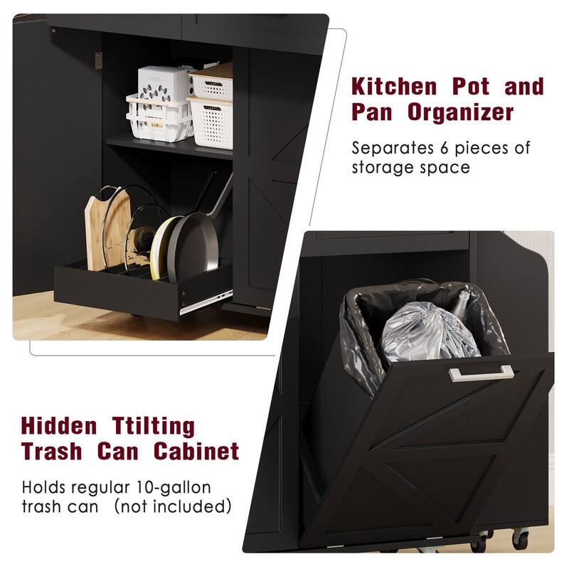 47.2" Rolling Kitchen Island on 5 Wheels with Drop Leaf, Kitchen Island with 2 Drawers, Trash Can Storage