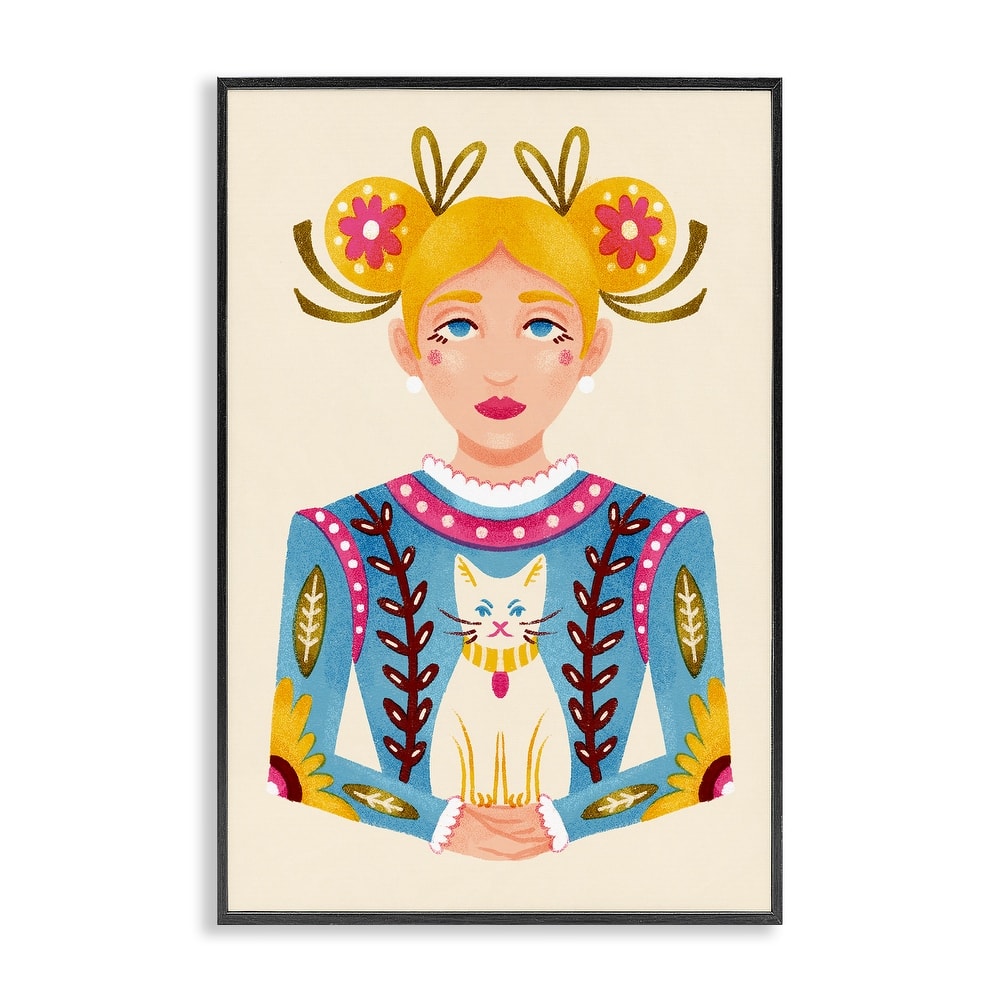 Stupell Blonde Folk Girl with Cat Framed Giclee Art Design By Hannah Moren