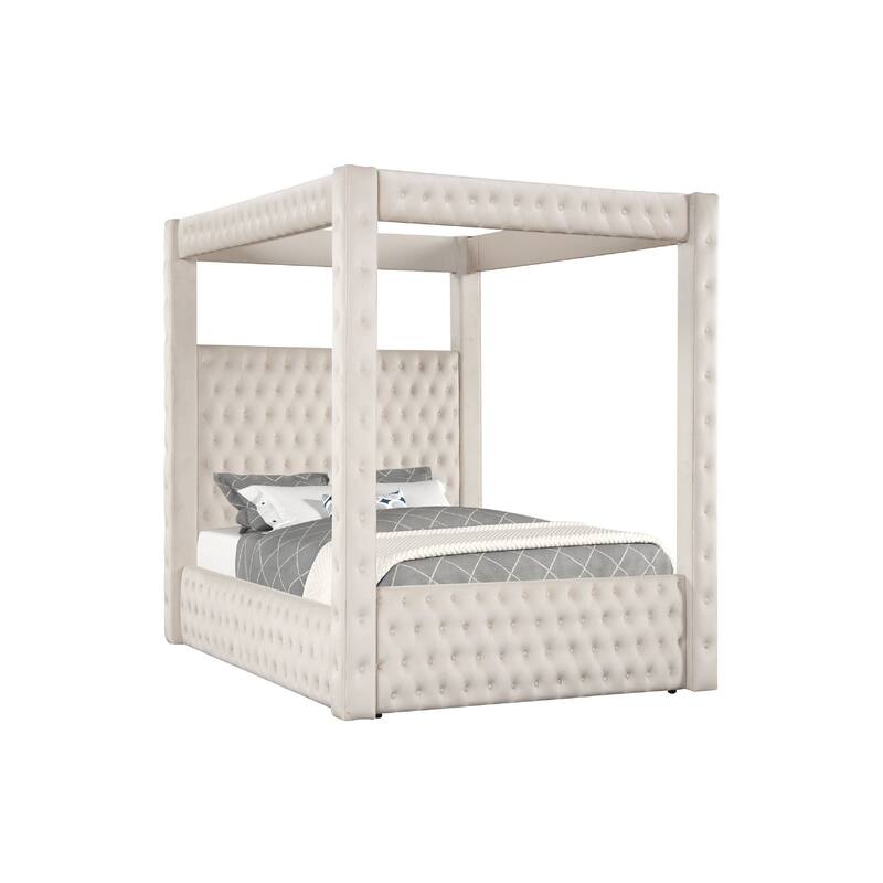 Beli Queen Size Canopy Bed, Tufted Design, Ivory Velvet Upholstery