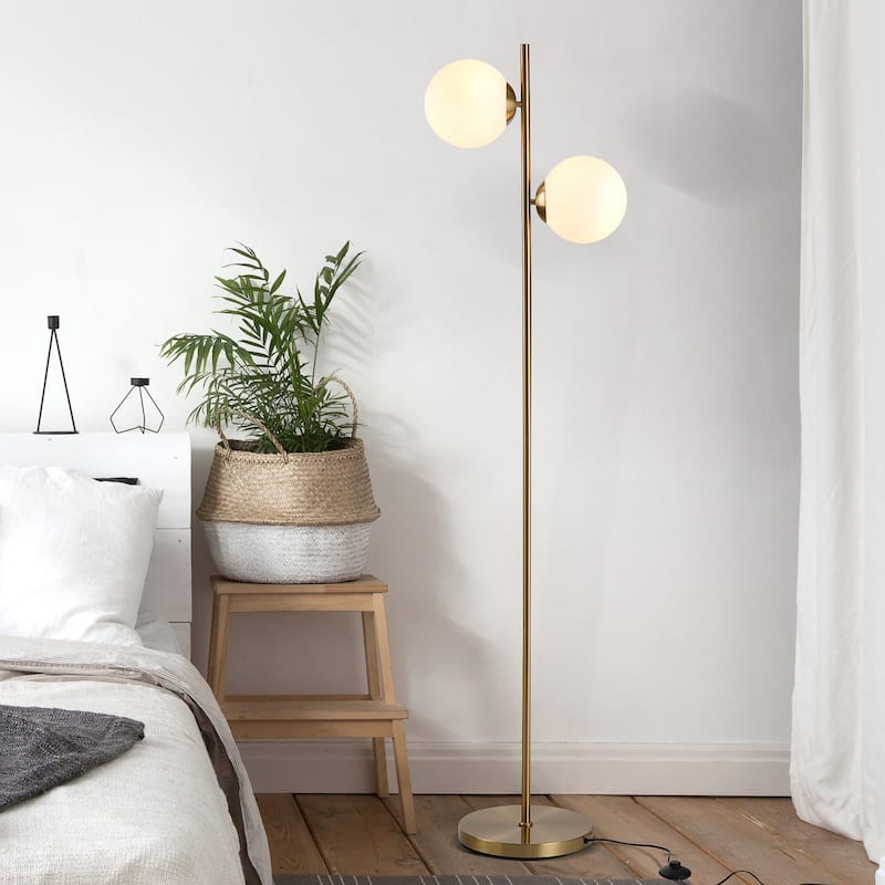 HOMCOM Modern Floor Lamp with 2 Globe Lamp Shade Contemporary Decorative LED Standing Light - Gold
