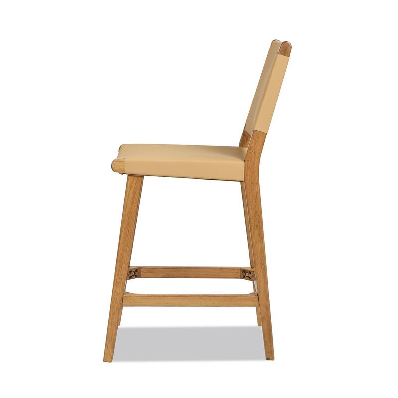 Pierre 26" Farmhouse Saddle Kitchen Island Counter Stool with Back, Sunkissed Beige Leather & Natural Wood
