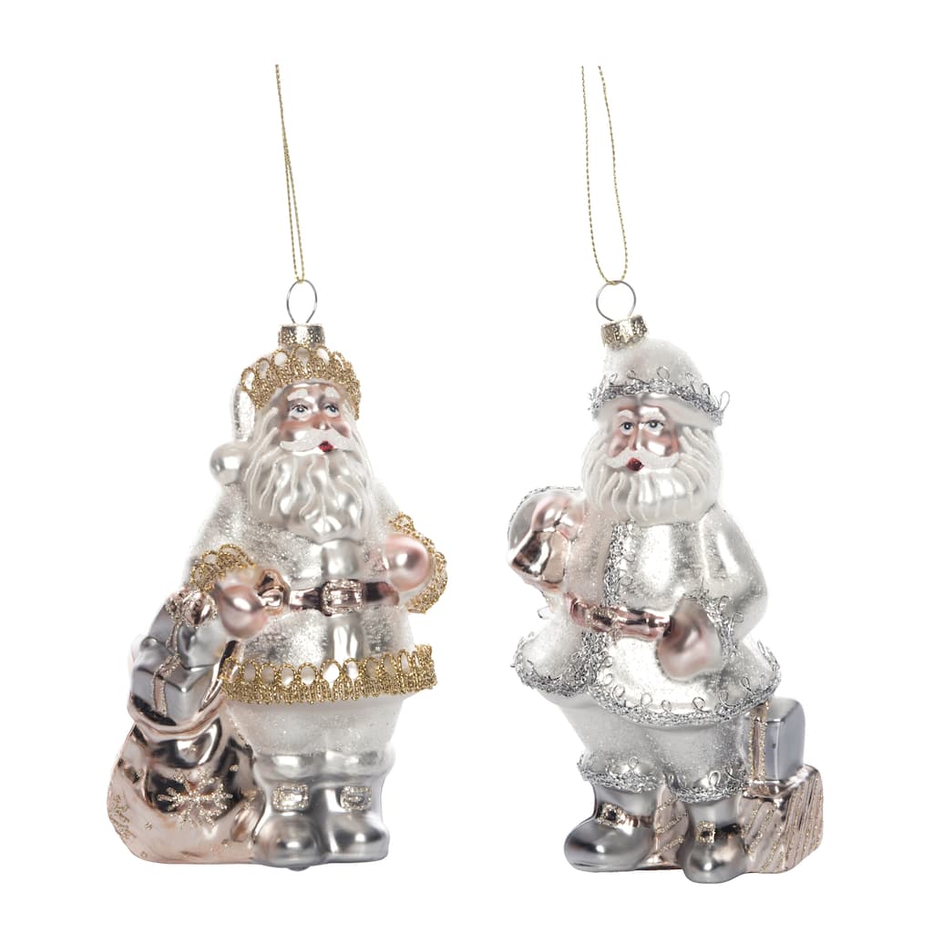 Transpac Glass Silver/Gold Santa Ornament Set of 2 Christmas Home Decorations