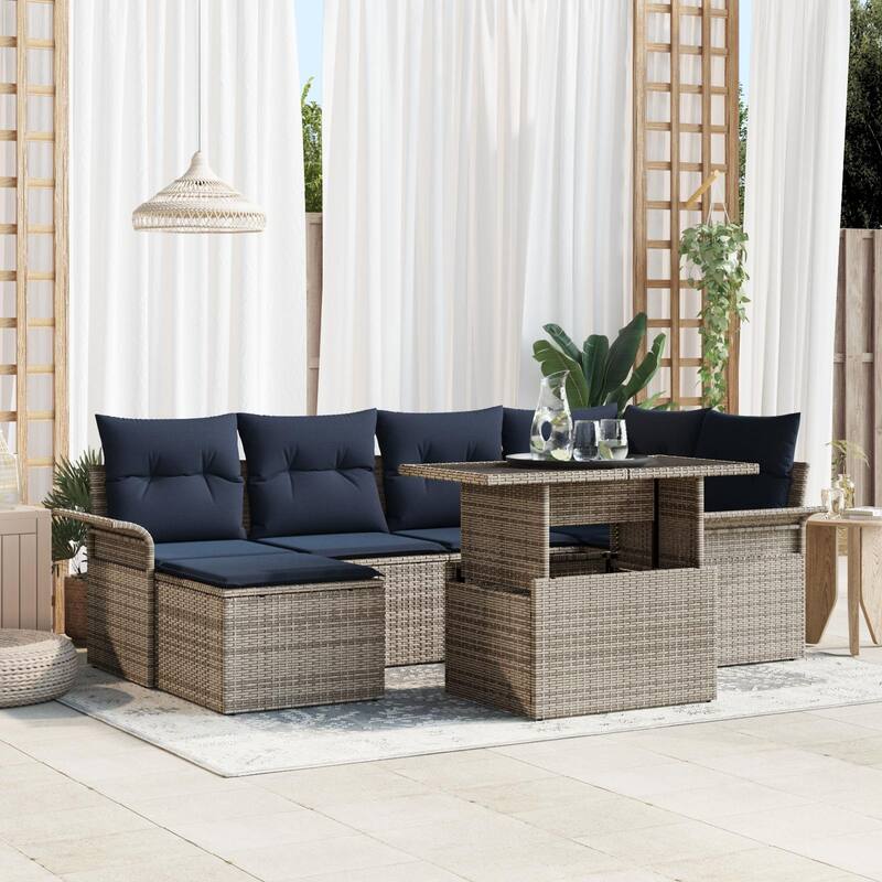 vidaXL 7 Garden Sofa Set with Cushions Black/Brown/Grey Poly Rattan - 95.5 x 52.2 x 27.2 - Grey