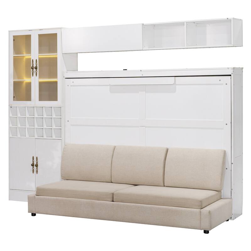 Space-Saving Full Size Murphy Bed with Sofa, Shelves, USB & Light in White