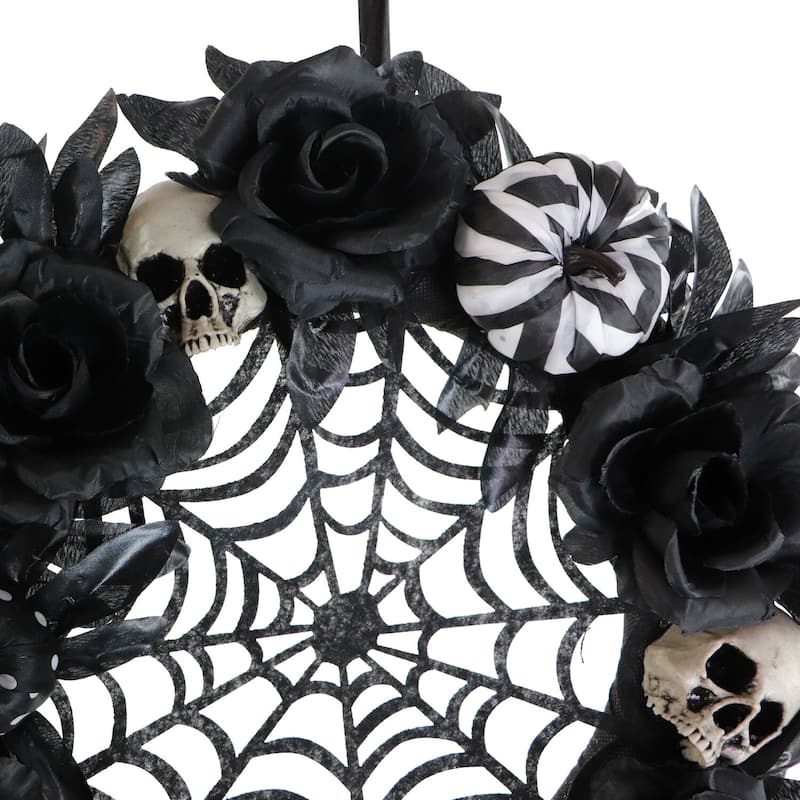 Haunted Hill Farm 15-In. Halloween Black and White Floral Wreath Pumpkins, Skulls, and Spiderweb for Haunted House Decoration