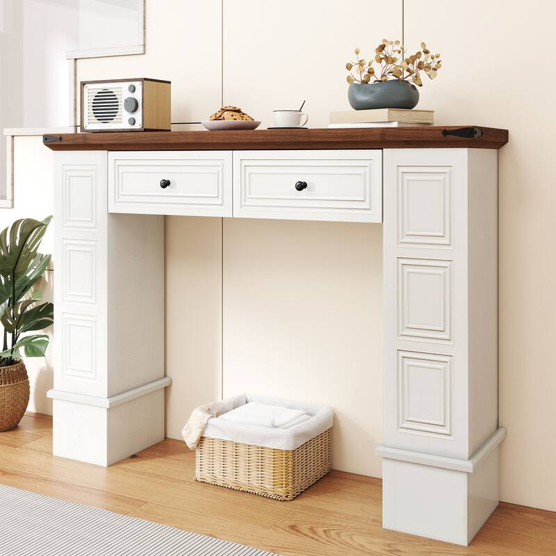 Moasis Farmhouse Console Sofa Hallway Table with 2 Drawers for Entryway Living Room - White