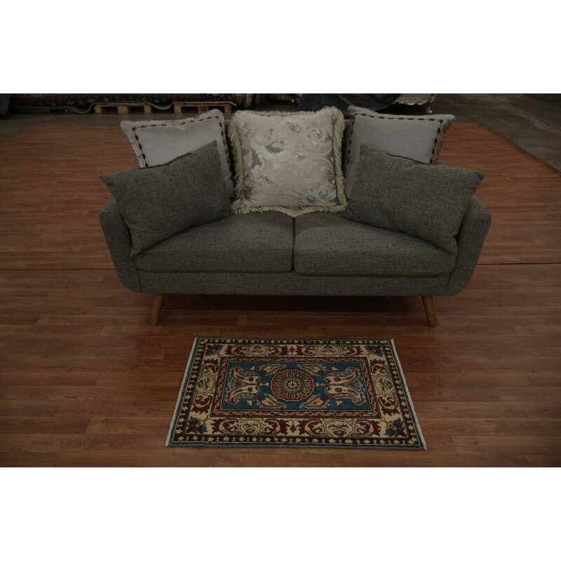 Hand Knotted Oriental 100% Wool Carpet Traditional Geometric Navy Blue & Blues Kazak Area Rug - 3' 0'' X 2' 1''